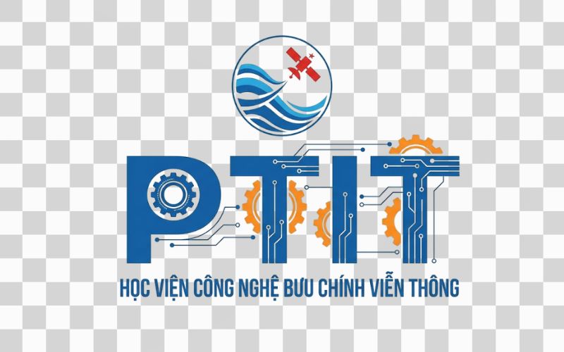Logo PTIT kết hợp hình ảnh bánh răng thể hiện kỹ thuật và công nghệ