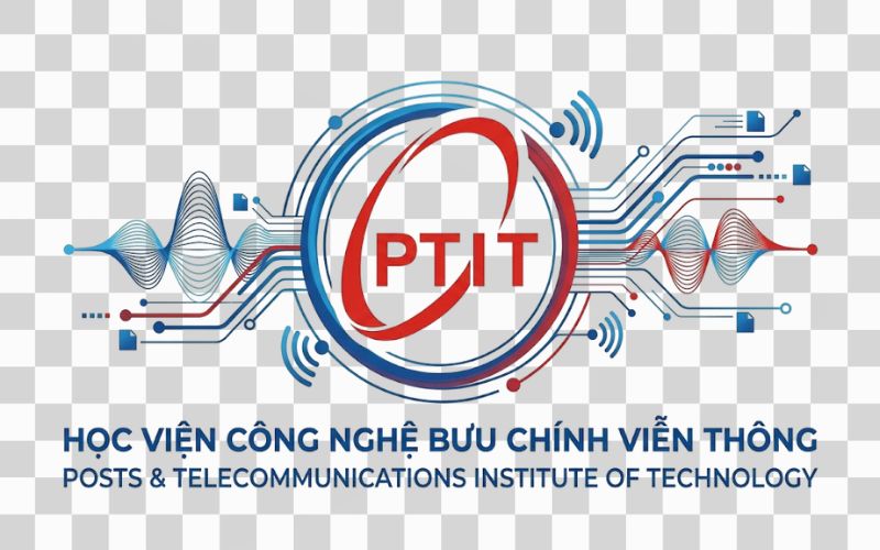 Logo PTIT kết hợp hình ảnh đường truyền thể hiện lĩnh vực công nghệ