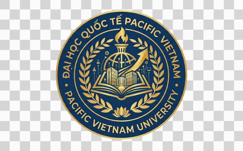 Logo Pacific Vietnam University kết hợp sách mở và không gian giáo dục hiện đại