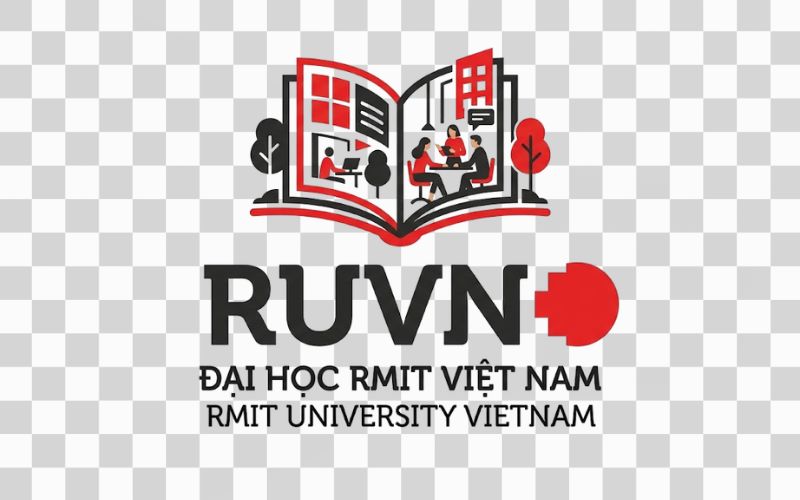 Logo RUVN kết hợp hình ảnh quyển sách và không gian học tập