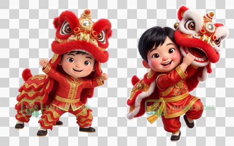 Em bé múa lân tông màu đỏ truyền thống