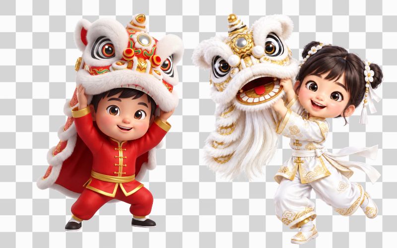 Em bé múa lân tông màu trắng tinh khôi