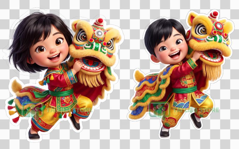 Em bé múa lân tông màu vàng kim rực rỡ