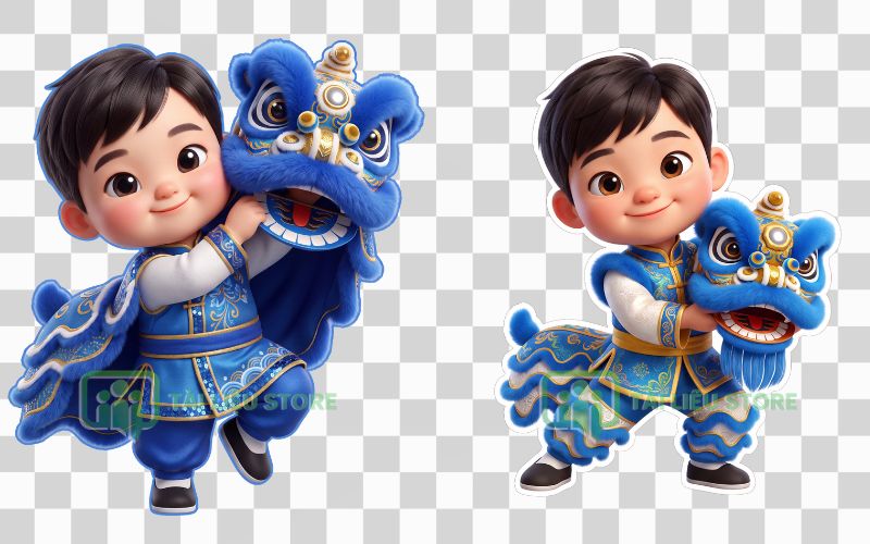 Em bé múa lân tông màu xanh dương