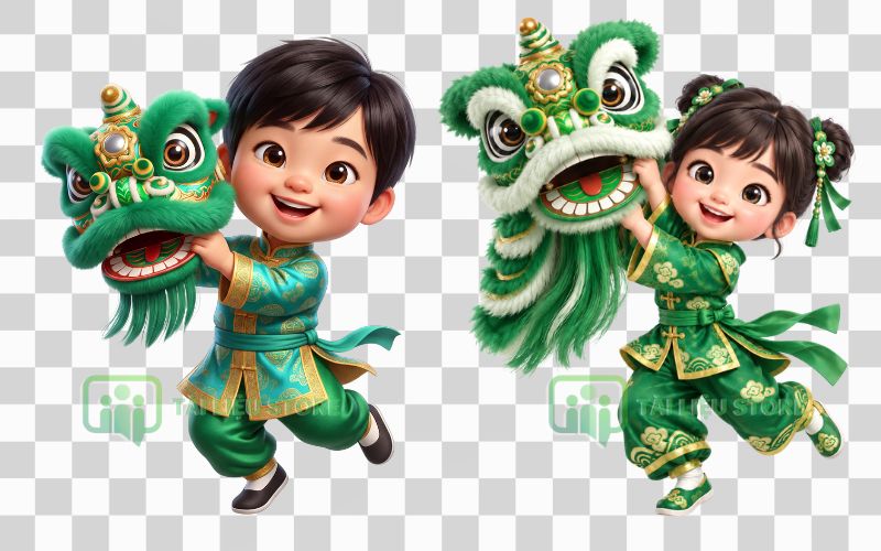 Em bé múa lân tông màu xanh lá