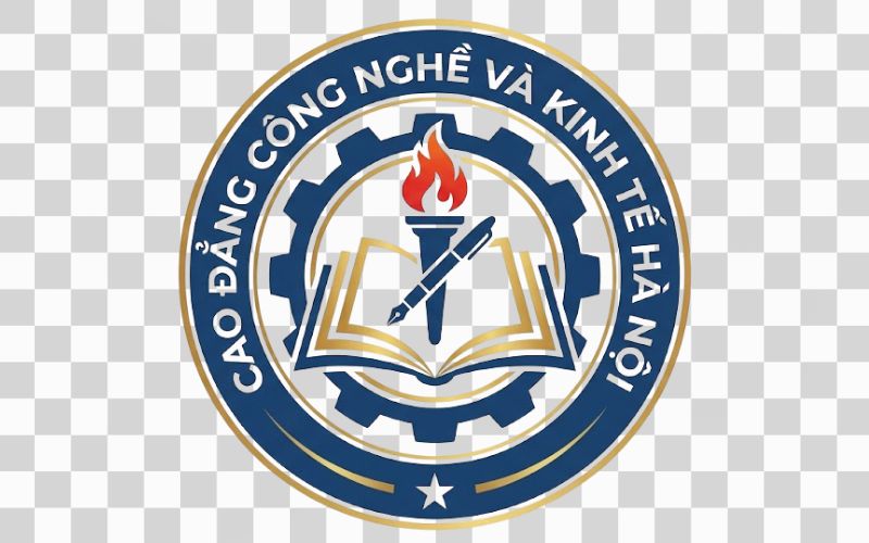 Logo Cao đẳng Công nghệ và Kinh tế Hà Nội kết hợp bút viết và quyển sách mở