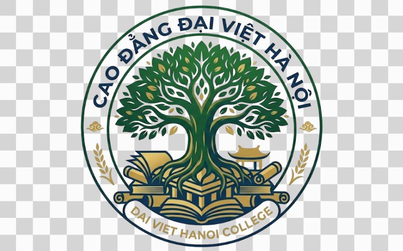 Logo Cao đẳng Đại Việt Hà Nội kết hợp hình ảnh cây cổ thụ và nền tảng tri thức