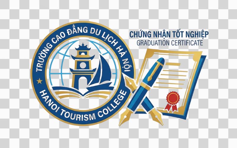 Logo Cao đẳng Du lịch Hà Nội kết hợp bút và giấy chứng nhận
