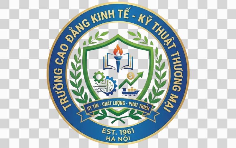 Logo Cao đẳng Kinh tế Kỹ thuật Thương mại kết hợp hình ảnh lá cây