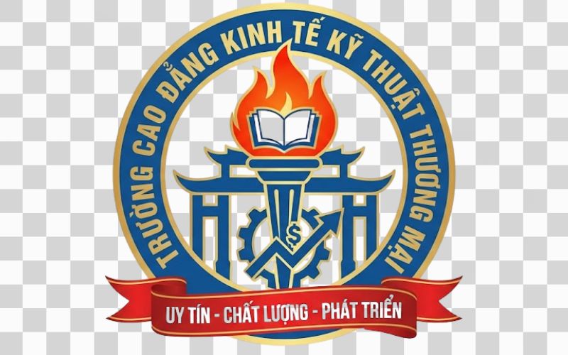 Logo Cao đẳng Kinh tế Kỹ thuật Thương mại kết hợp hình ảnh ngọn đuốc tri thức
