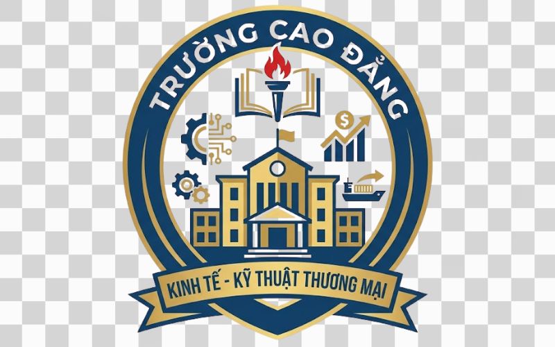 Logo Cao đẳng Kinh tế Kỹ thuật Thương mại kết hợp hình ảnh tòa nhà trường học
