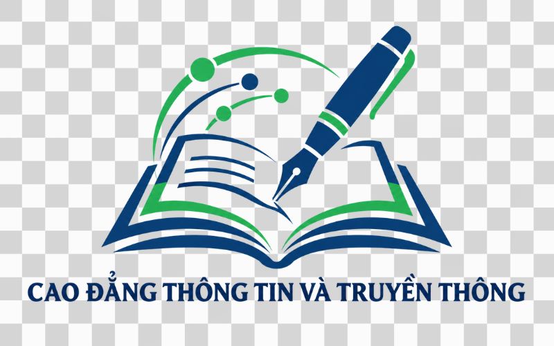 Logo Cao đẳng Thông tin và Truyền thông kết hợp bút và trang sách