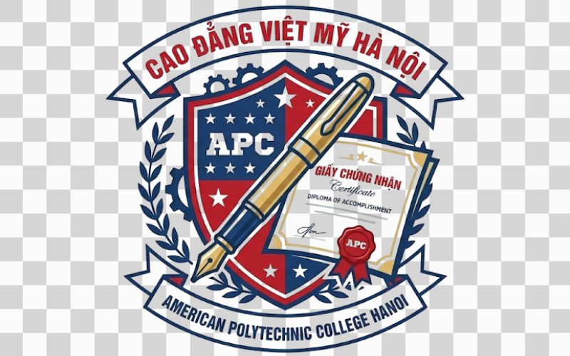 Logo Cao đẳng Việt Mỹ Hà Nội kết hợp bút và giấy chứng nhận