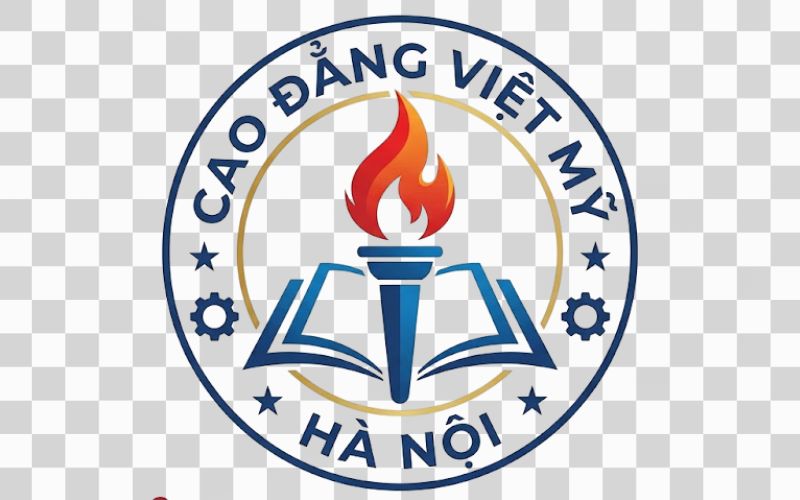 Logo Cao đẳng Việt Mỹ Hà Nội kết hợp ngọn đuốc tri thức