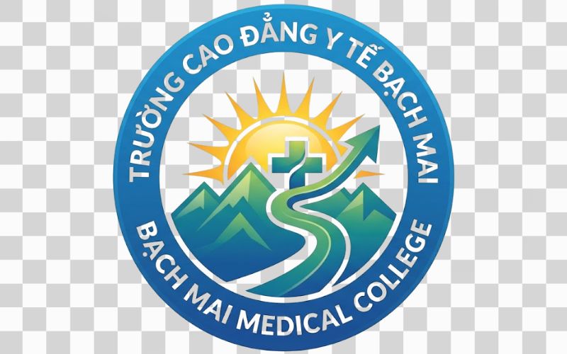 Logo Cao đẳng Y tế Bạch Mai kết hợp núi, mặt trời và tinh thần vươn lên