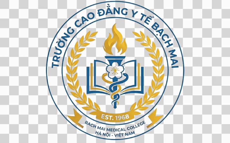 Logo Cao đẳng Y tế Bạch Mai kết hợp vòng nguyệt quế với biểu tượng giáo dục