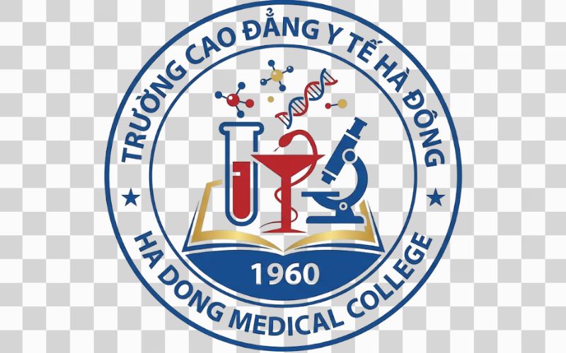 Logo Cao đẳng Y tế Hà Đông kết hợp hình ảnh ống nghiệm và nghiên cứu