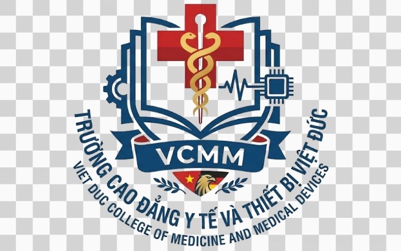 Logo Cao đẳng Y tế và Thiết bị Việt Đức kết hợp biểu tượng y khoa với quyển sách