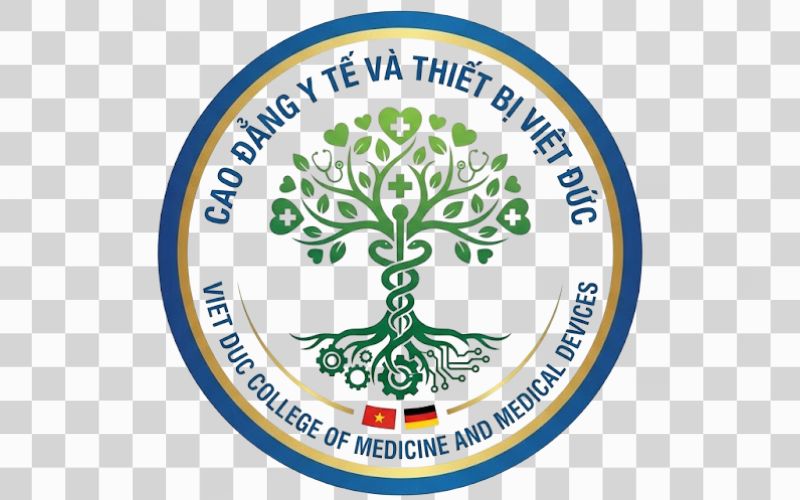 Logo Cao đẳng Y tế và Thiết bị Việt Đức kết hợp cây xanh với hình ảnh ngành y