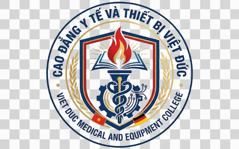 Logo Cao đẳng Y tế và Thiết bị Việt Đức kết hợp ngọn đuốc với ánh sáng tri thức