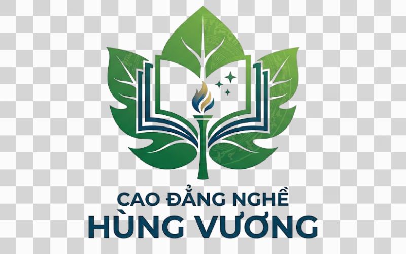 Logo Cao đẳng nghề Hùng Vương kết hợp hình ảnh chiếc lá và tri thức
