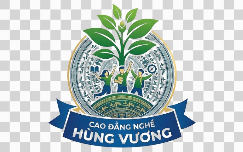 Logo Cao đẳng nghề Hùng Vương kết hợp hình ảnh mầm cây và thế hệ trẻ