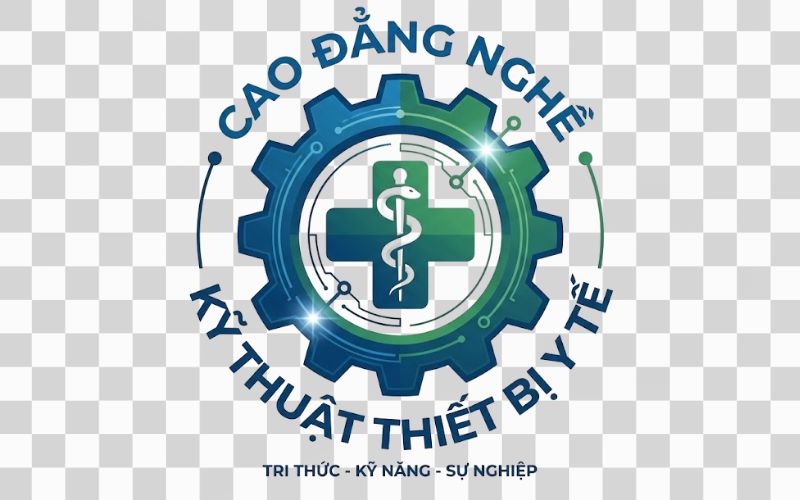 Logo Cao đẳng nghề Kỹ thuật Thiết bị Y tế kết hợp hình ảnh bánh răng kỹ thuật