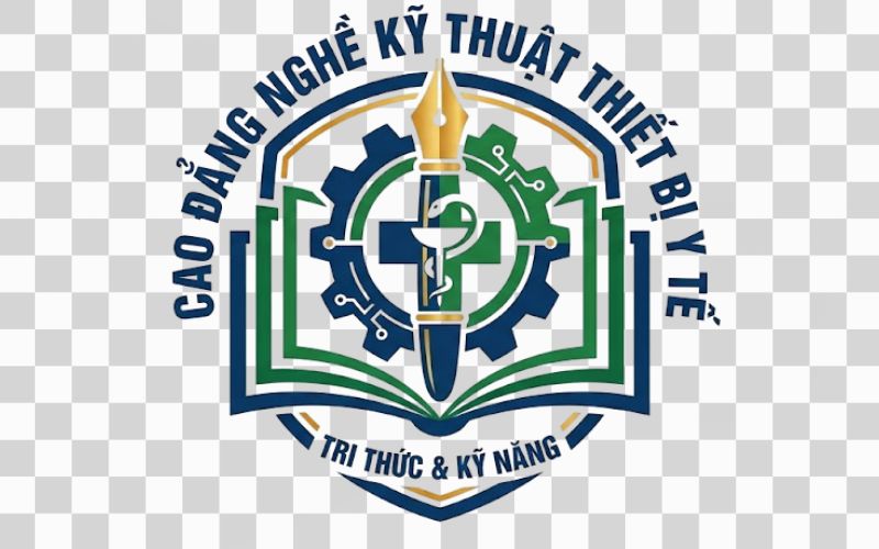 Logo Cao đẳng nghề Kỹ thuật Thiết bị Y tế kết hợp hình ảnh cây bút giáo dục