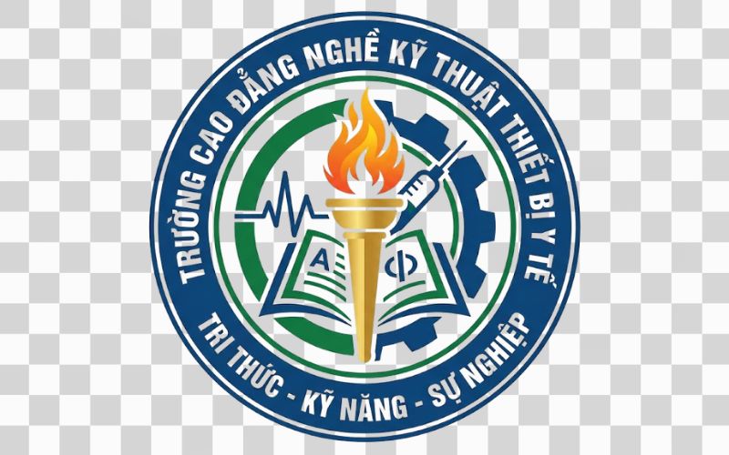 Logo Cao đẳng nghề Kỹ thuật Thiết bị Y tế kết hợp hình ảnh ngọn đuốc tri thức