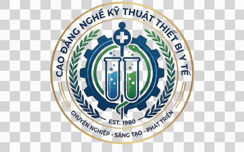 Logo Cao đẳng nghề Kỹ thuật Thiết bị Y tế kết hợp hình ảnh ống nghiệm nghiên cứu