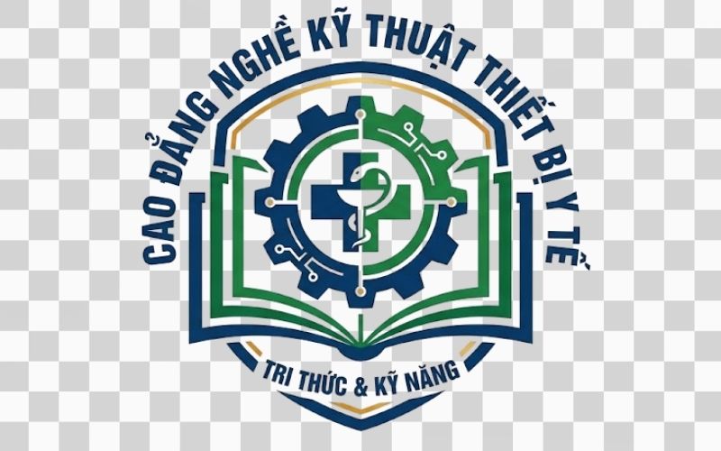 Logo Cao đẳng nghề Kỹ thuật Thiết bị Y tế kết hợp hình ảnh quyển sách tri thức
