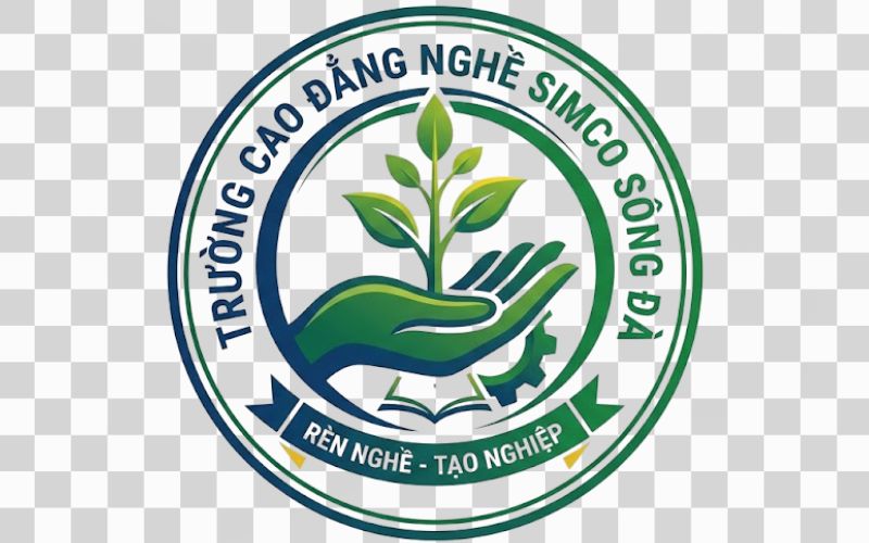 Logo Cao đẳng nghề Simco Sông Đà kết hợp bàn tay và mầm cây