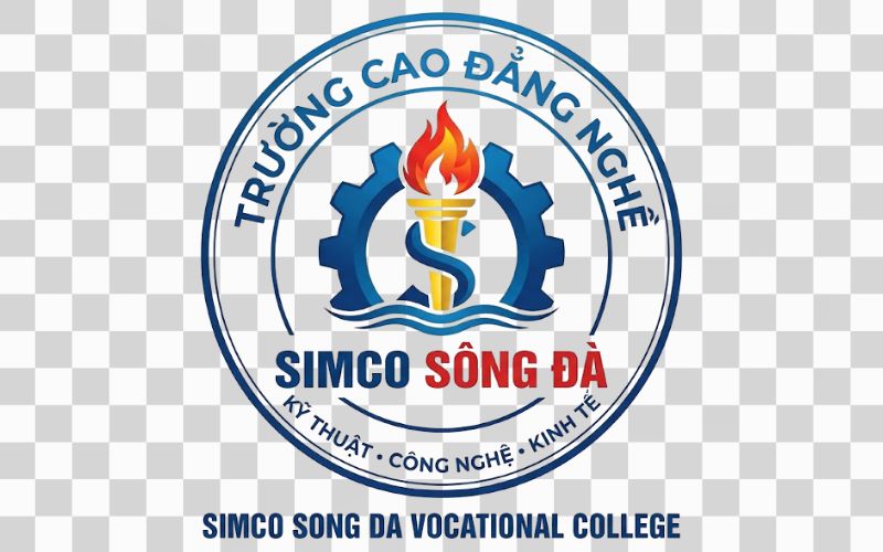 Logo Cao đẳng nghề Simco Sông Đà kết hợp bánh răng và ngọn đuốc