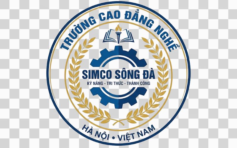 Logo Cao đẳng nghề Simco Sông Đà kết hợp bánh răng và vòng nguyệt quế