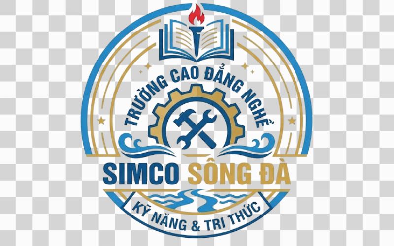 Logo Cao đẳng nghề Simco Sông Đà kết hợp công cụ lao động và trang sách