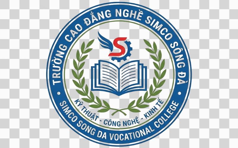 Logo Cao đẳng nghề Simco Sông Đà kết hợp quyển sách và nhành lá