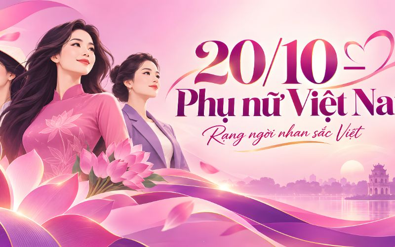 Ảnh 20/10 kết hợp hoa sen và nét đẹp truyền thống
