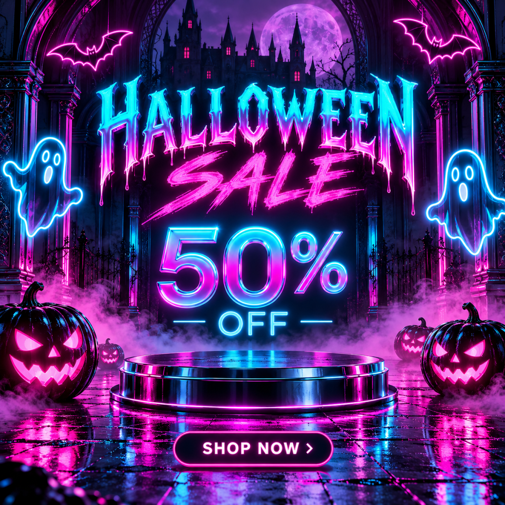Banner Halloween vector ánh sáng neon xanh hồng