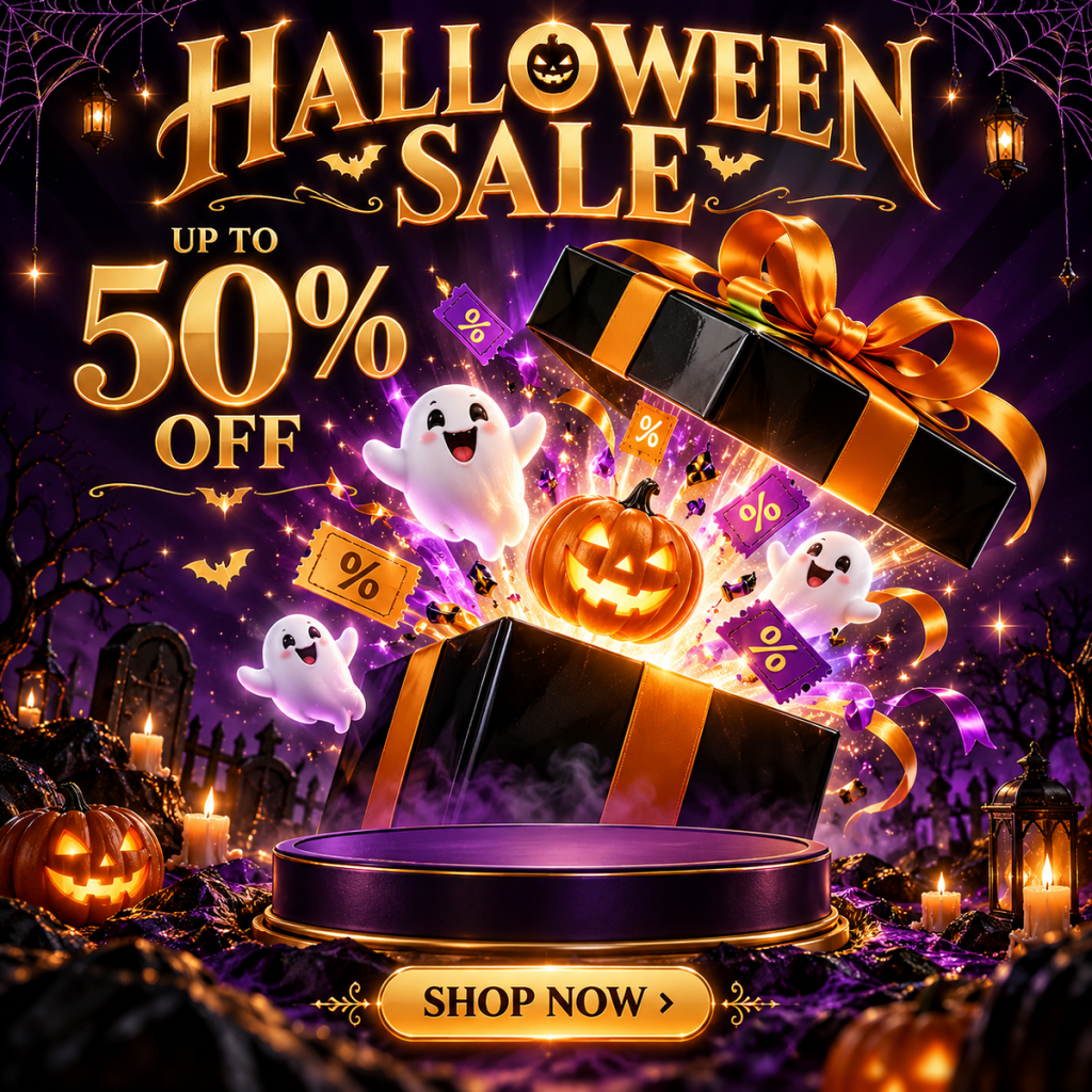 Banner Halloween vector hộp quà khuyến mãi bất ngờ