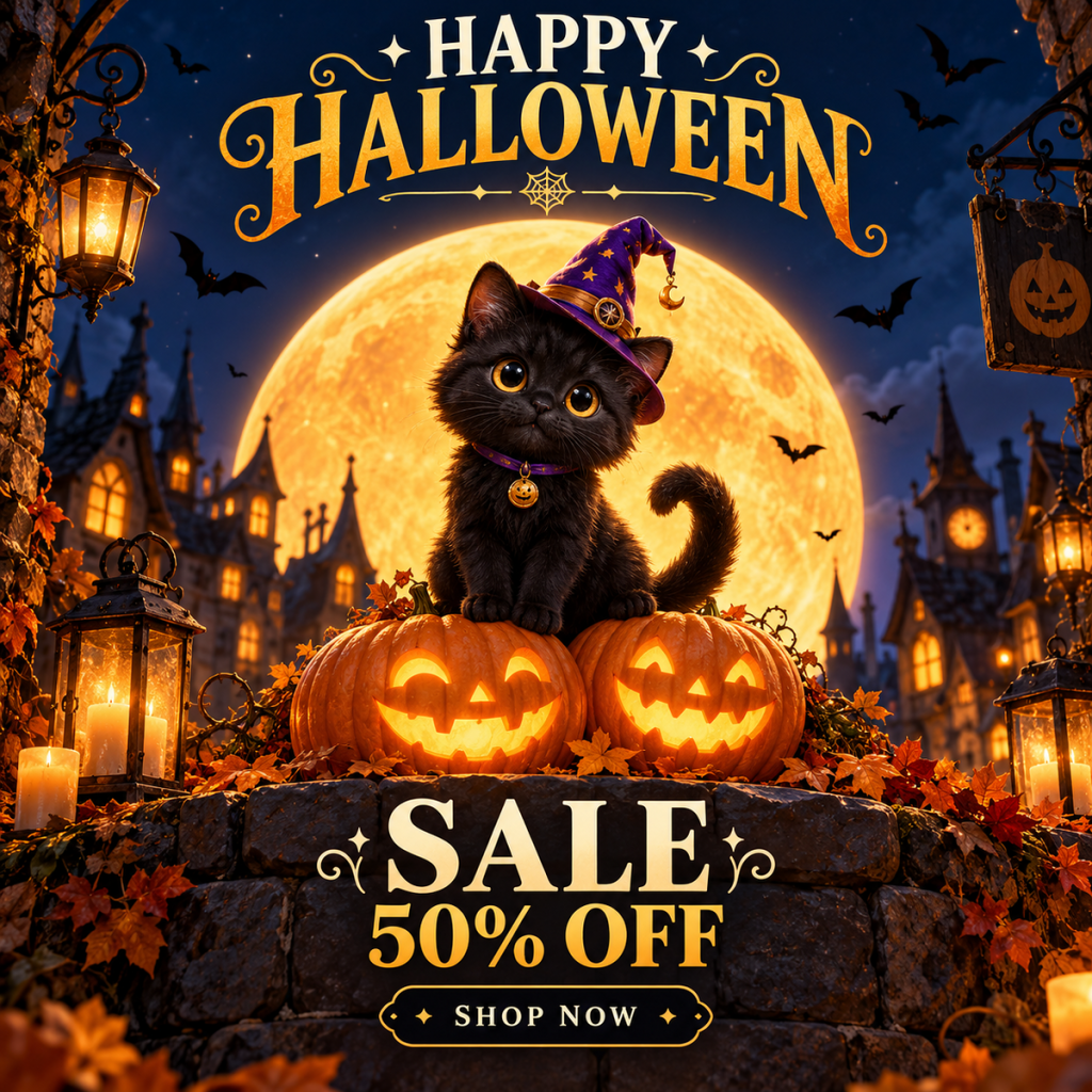 Banner Halloween vector mèo đen đội mũ phù thủy