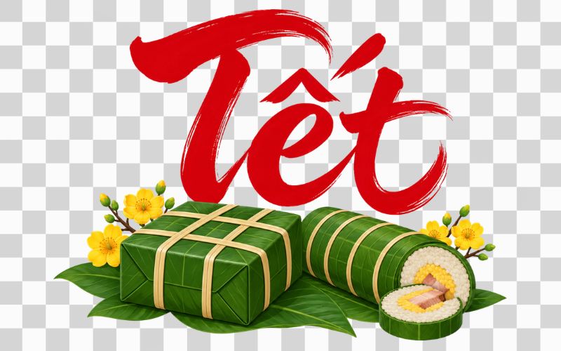 Chữ tết thư pháp kết hợp bánh chưng và bánh tét
