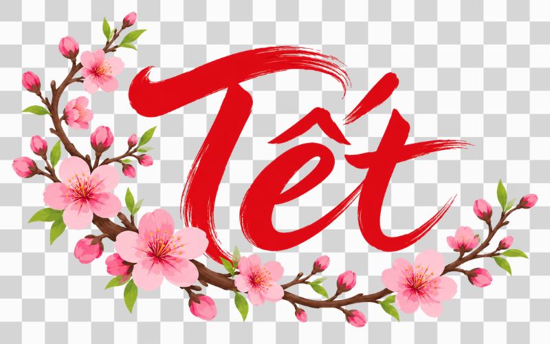Chữ tết thư pháp kết hợp hoa đào hồng