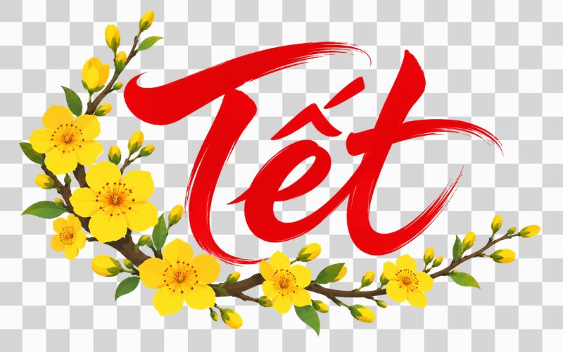Chữ tết thư pháp kết hợp hoa mai vàng