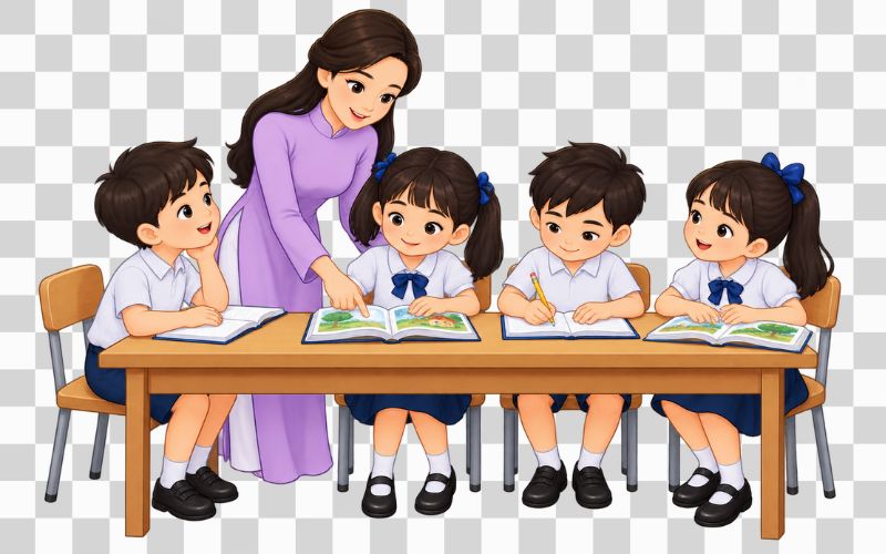 Cô giáo hướng dẫn học sinh đọc sách và làm bài