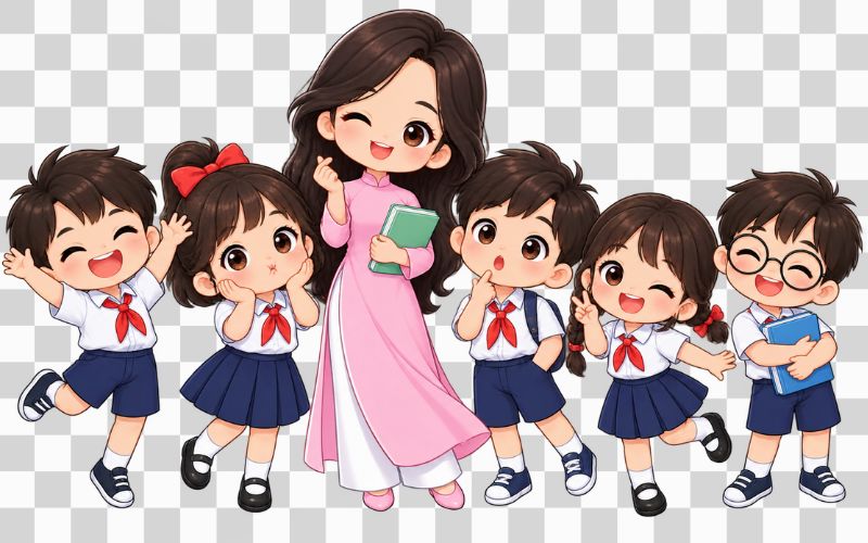 Cô giáo và học sinh chibi với biểu cảm ngộ nghĩnh