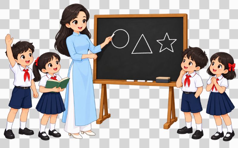 Cô giáo và học sinh kết hợp bảng đen, phấn trắng