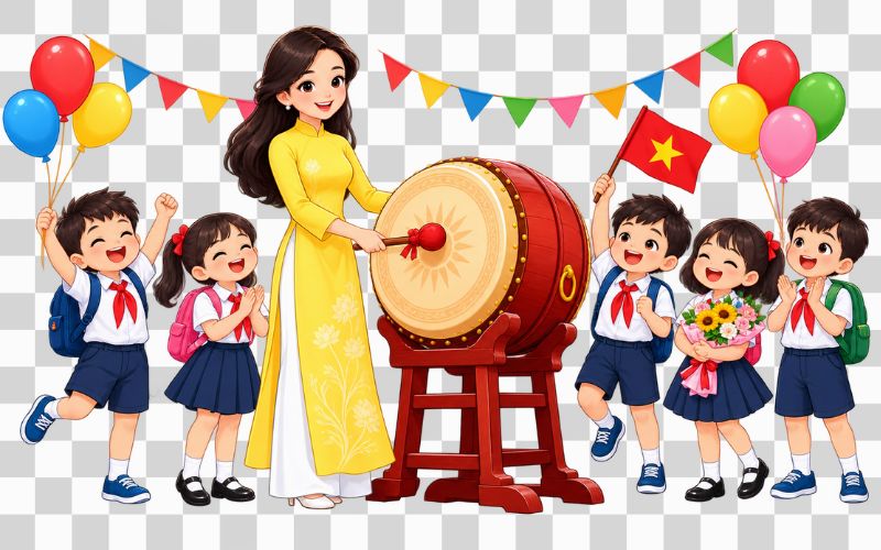 Cô giáo và học sinh vector trong ngày khai giảng