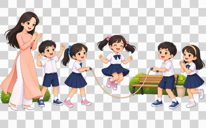 Cô giáo và học sinh vui chơi trên sân trường
