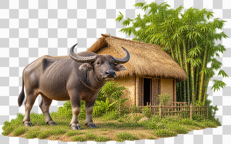 Hình ảnh con trâu bên lũy tre và mái nhà tranh