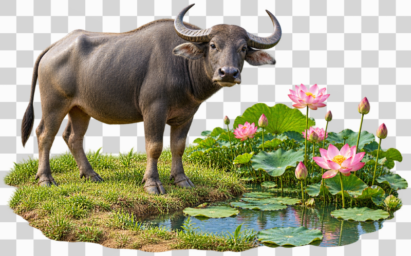 Hình ảnh con trâu kết hợp hoa sen và ao làng